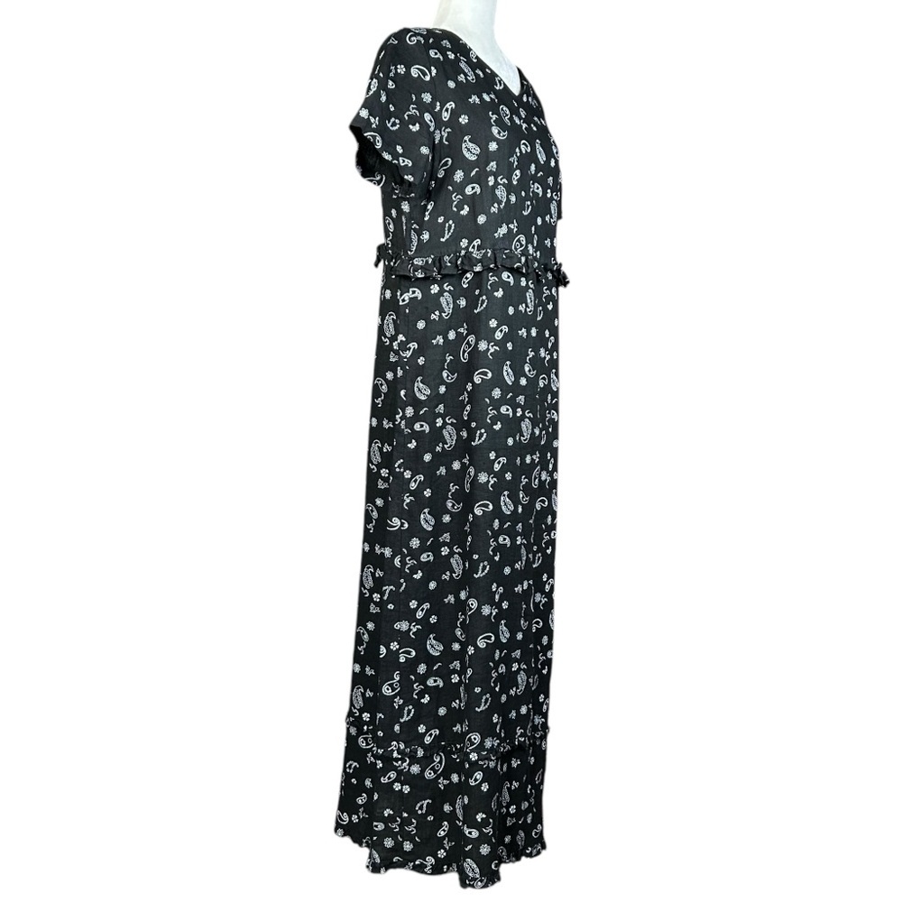 Y2K MATCH Linen Paisley Midi Dress 12 Vintage Black White Ruffle USA - Picture 3 of 10